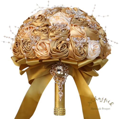 Handmade Wedding Flowers Bouquet Round Holding Bridal Bouquet Artificial Satin Roses Bunch for Bride Bridesmaid Wedding Quinceanera - color: Gold, Light Gold & Cream, size: Small (Dia. 7.5"/19cm)