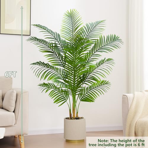 Artificial Palm Tree Plant 6FT Tall Fake Tropical Palm Tree in Pot, Real Bark Design Faux Areca Palm Tree for Home Office Living Room Bedroom Farmhouse Modern Indoor Outdoor Topiary Tree (18 Trunks) - size: 6ft