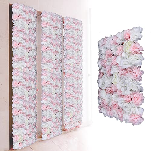 12 Pcs Artificial Flower Wall Panels 60x40cm 3D Flower Background for Wall, Wedding Flower Decorations Wall Silk Rose Panels for Candy Wall, Photo Areas, Stage Background Wall, 24 x16inch - color: 12 Pcs White Light Pink