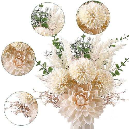 CEWOR Fake Flowers in Ceramic Vase, Artificial Flowers with Ceramic Vase Faux Silk Floral Arrangement Table Centerpieces Decor for Home Office Dining Farmhouse Coffee Table Living Room - color: Beige