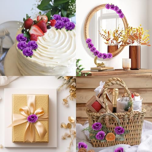 SITUMEIZI 100 Pcs 1.3 inches Mini Deep Purple Rose Head Purple Flowers Artificial Roses for Wedding Decor, Graduation Cap, Cake, DIY Flower Wall Mother's Day Home Party Decor - color: Purple