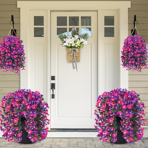 Artificial Fake Hanging Flowers Plants for Outdoor Outside Spring Summer Decoration 2PCS Faux Silk UV Resistant Realistic Morning Glory Trailing Vines for Home Porch Patio Balcony(Purple & Magenta) - color: Purple & Magenta, size: 2Pcs