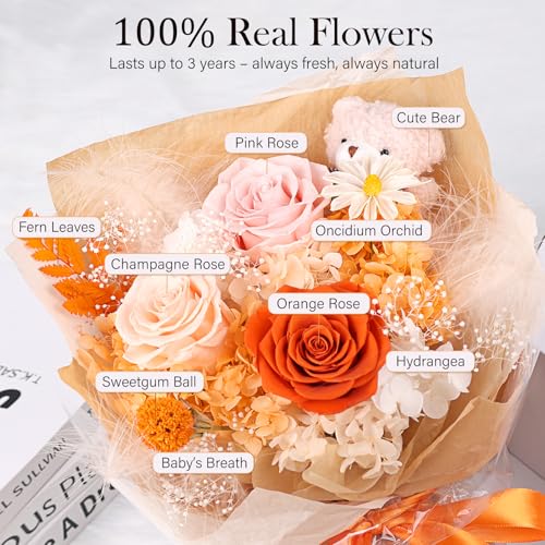 Preserved Flowers Bouquet with Bear, 3 Real Forever Flowers for Delivery, Long-Lasting Orange Eteranl Roses Bouquet, Anniversary Birthday Gifts for Women Mom Her Girlfriend Wife - color: Orange