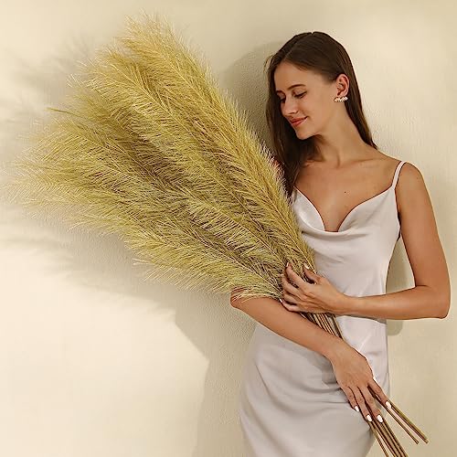 Wertuirk Gold Pampas Grass Decor - 45-Inch Set of 8 | Faux Tall Pampas Grass Soft and Fluffy | Perfect for Wedding Centerpieces, Great Gatsby Party Decorations and Glam Room Decor - color: Gold