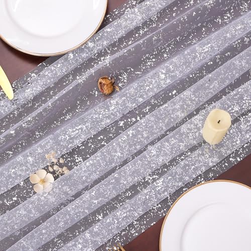 10 Ft White Silver Gauze Table Runner 120 Inch Glitter Metallic Foil Sheer Tulle Cheesecloth Table Runner Sequin Bridal Wedding Birthday Anniversary Christmas Dining Home Decor for Party - color: White Silver, size: 10 ft × 1 pc