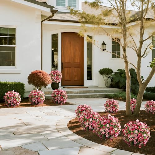 momoplant Artificial Boxwood Topiary Ball Tree with Mum Flowers 24” Tall Faux Plant with Ground Spikes Set of 2 Fake Flower Bushs for Farmhouse Porch Home Garden Decor - size: 2 Pcs with Spike（Red&Pink）