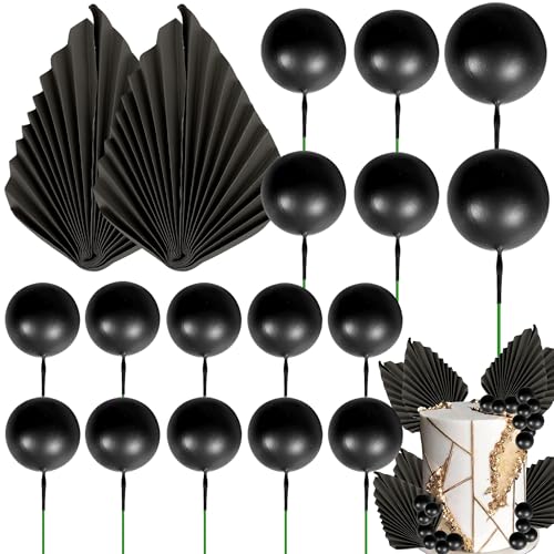28 Pack Paper Palm Fan Cake Topper, Balls Cake Toppers, Foam Balls Paper Palm Leaf Cake Insert Toppers Decorations for Birthday Wedding Baby Shower Party Decorations Black - color: Black