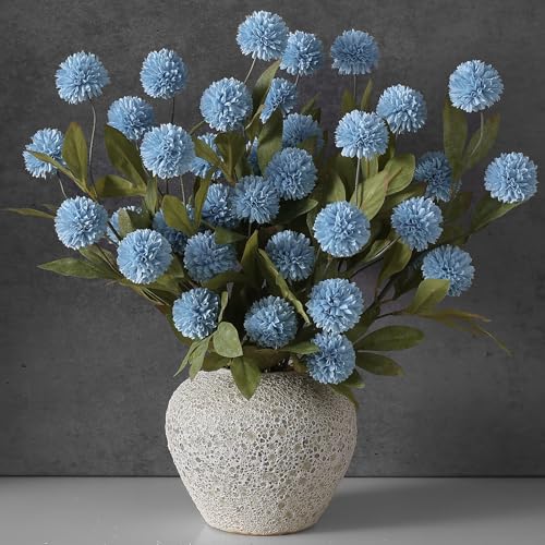 VIERENA 6 Pcs Faux Silk Pompon Mum Artificial Flowers for Vase -27", Bulk Fake Chrysanth Branches with Stems for DIY Bouquet Centerpieces Wedding Fillers Arrangements Shower Decorations (Dusty Blue) - color: Dusty Blue