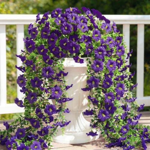 Artificial Hanging Flowers for Outdoors, 6 PCS Silk Morning Glory Artificial Flowers with Eucalyptus Leaves, UV Resistant Fake Flower Realistic Faux Plants for Home Patio Porch, Petunias+Purple - color: Petunias-purple