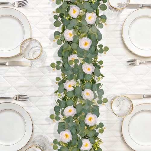 2 Pack 12Ft Artificial Flower Garland with Eucalyptus and 12 Roses, Fake Rose Garland Floral Vines for Wedding Backdrop, Table Centerpieces, Party Decor, Wall Greenery (White, 2PCS) - color: White