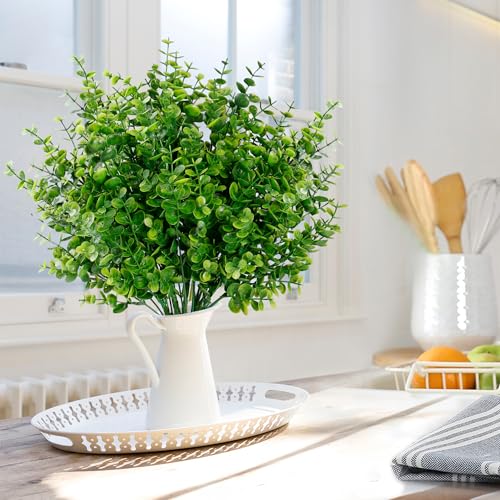 Sggvecsy Artificial Flowers for Outdoors 12 Bundles UV Resistant Boxwood Shrubs Artificial Eucalyptus Fake Plants Faux Plastic Greenery for Farmhouse Garden Indoor Outdoor Home Wedding Decoration - size: 12 Bundles