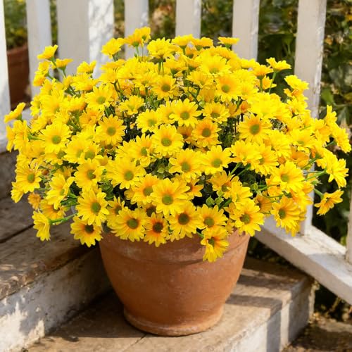 16 Bundles Silk Daisy Artificial Flowers for Outdoors UV Resistant Fake Daisies Plastic Plants Flower for Home Outside Front Door Porch Garden Patio Planters Decoration (Yellow) - color: Yellow