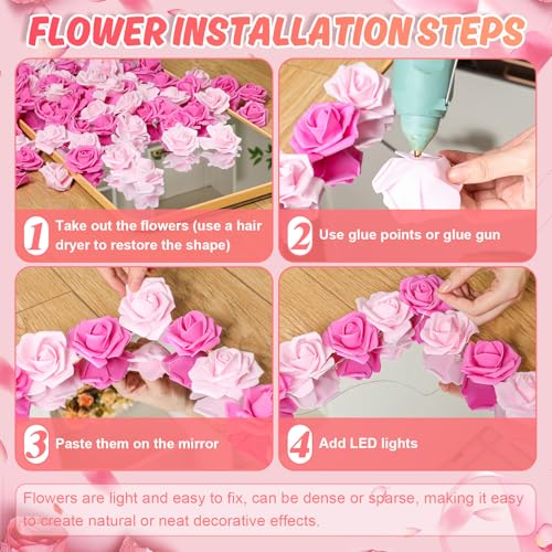 LemonRoad 92 Pcs Pink Roses Artificial Flower Mirror Border Foam Flower Heads with LED Light DIY Mirror Frame Door Frame Decoration for Bedroom Bathroom Wedding Birthday Clothing Store Decoration