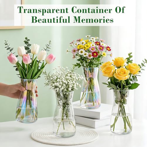 8 inch Flower Vase,Set of 2 Glass Vases for Flowers,Clear Glass Flower Vase for Centerpieces Table,Flower Bouquet Decoration,Wedding Decor Gift,Birthday,Living Room,Dining Table,Colorful - color: Iridescent