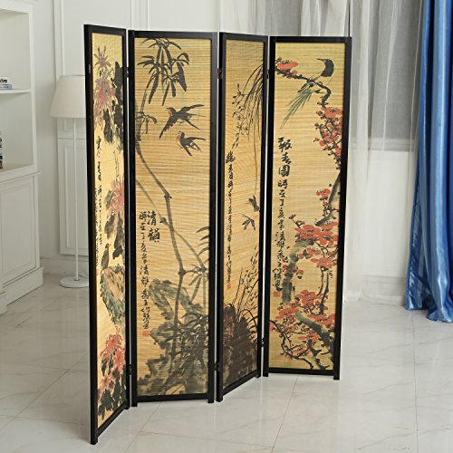 MyGift Decorative 4 Panel Folding Room Divider Bamboo Screen with Chinese Calligraphy Design, 6FT Freestanding Floral Artwork Room Partitioner with Black Wood Frame - color: Black (Floral), size: 4 Panel