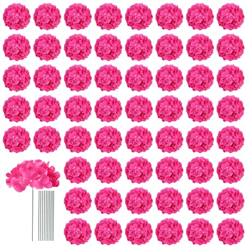 AVIVIHO 65pcs Fake Flowers Hot Pink Hydrangea Artificial Flowers Bulk (Not Squished, No Steaming Need) Silk Flowers with Stems for Wedding Decor,Home,Baby Shower,Table Centerpieces Decoration - color: Hot Pink, size: Medium