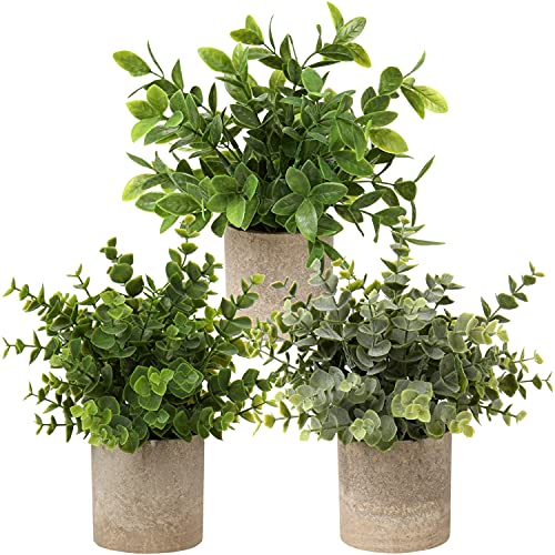 Briful Artificial Potted Plants Set of 3 Small Faux Plant Eucalyptus Mini Fake Plant Decor for Home Table Office Room Desk Bathroom Shelf Kitchen Rustic Farmhouse Mantel Decoration - color: 6-green