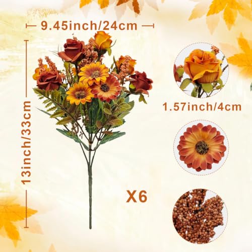 Fall Flowers Artificial for Outdoor Decoration, 6 Bundles Faux Fall Flowers Fake Rose with Artificial Mums for Front Porch Garden Patio Window Box Outside Autumn Home Indoor Decor (Fall Orange) - color: Fall Orange
