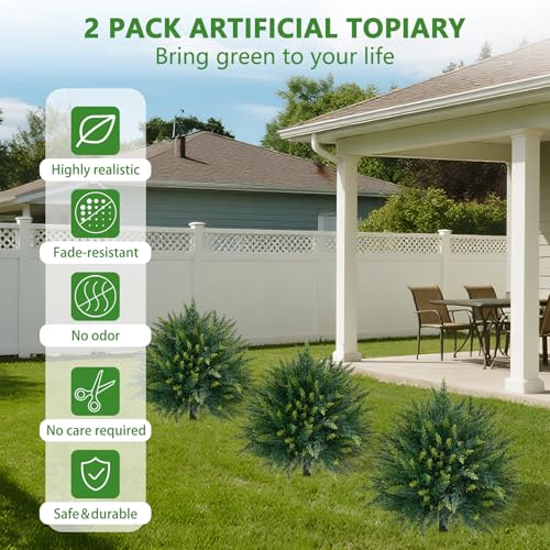 Yangrass 4PCS Artificial Cedar Topiary Ball Trees 23" for Outdoors with Ground Spike, UV Resistant Artificial Cypress Trees, Evergreen Shrubs Bushes Faux Plants for Front Porch Garden Backyard - color: 4pcs Cypress
