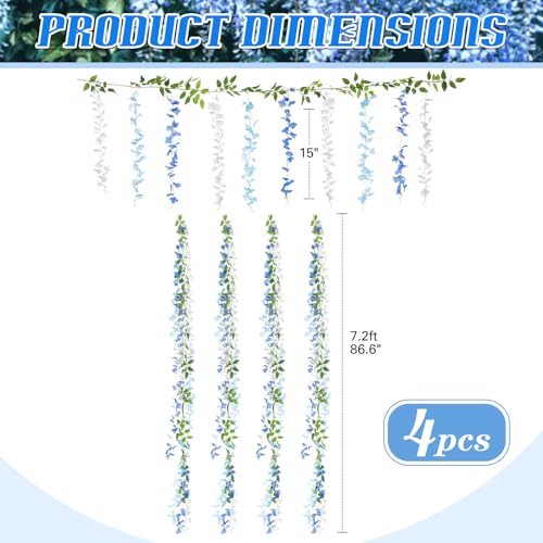 Thiccywoov 4pcs Wisteria Artificial Flowers Garland, 7.2Ft/Piece Wisteria Hanging Flowers Garland for Wedding Arch Decoration Outdoor Ceremony Home Backdrop Garden (Light Blue,Dark Blue,White) - color: Light Blue, Dark Blue,white