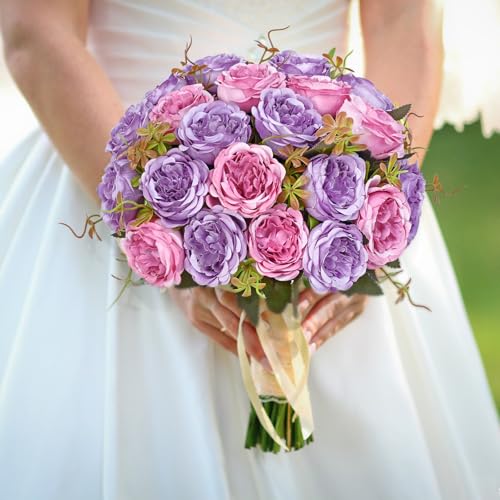 MARTINE MALL 2 Packs Peonies Artificial Flowers, Dark Pinkish-Purple Artificial Peonies, Silk Peonies Flowers Fake Peonies Artificial Flowers Peonies Bouquet for Centerpiece Table Wedding Home Decor - color: Dark Pinkish-purple, size: 2PCS