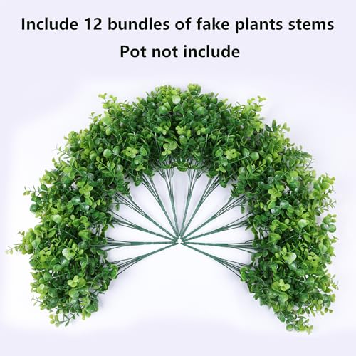Artificial Faux Outdoor Plants for Spring Summer Decoration, 12 Bundles Fake Plastic Eucalyptus UV Resistant Look Real Fake Plants for Planter Outside Front Door Porch Patio Balcony Garden Indoor Yard - color: Eucalyptus-green