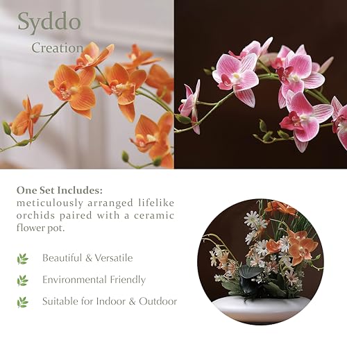 SYDDOL 17" Artificial Orchids in Ceramic Pot - Realistic Silk Flowers with Vase for Home Decor (Pink + White) - color: Pink Flower+ White Pot
