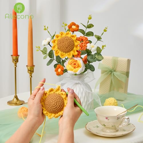 Alecono Crochet Flower Bouquet, Knitted Sunflower Flowers, Green Handmade Bouquet of Flowers for Lover Anniversary Birthday Party Mother's Day Graduation Gifts (Include Card) - color: Green