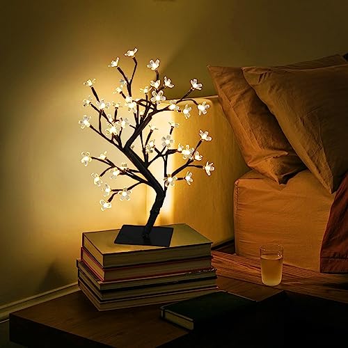 PEIDUO 17.5 Inch Lighted Cherry Blossom Tree, 48 Warm White Lights Plug in Adapter, Light up Bonsai Tree for Christmas Indoor Home Bedroom Living Room, Tabletop Decor Night Light Artificial Tree - style: Cherry Blossom Tree