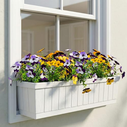 16 Pcs Artificial Pansy Flowers for Outdoor Faux Silk Spring Flowers for Outside, UV Resistant Realistic Pansies for Window, Front Door, Porch and Home Decor (16, Purple, Yellow, White, Light Purple) - color: Purple, Yellow, White, Light Purple