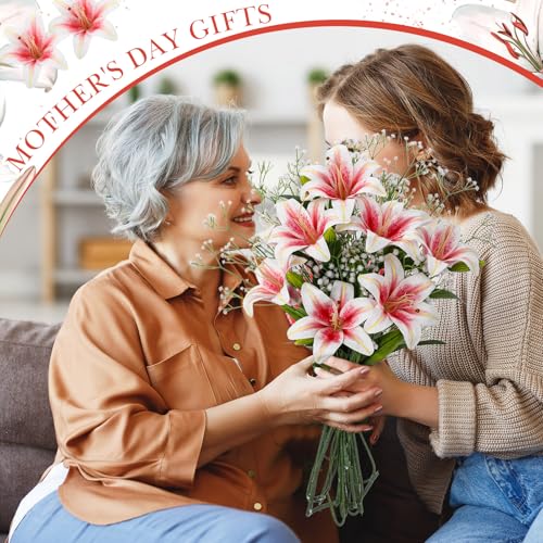 Giegxin 18 Pcs Artificial Pink Lilies with Baby's Breath, Latex Fake Tiger Lily Bouquet for Spring Home Church Wedding Decorations, Faux Gypsophila Floral Arrangement - color: Pink, White, style: Lily, Babys Breath