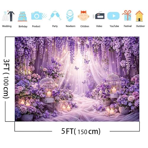 5x3ft Purple Butterfly Floral Backdrop for Photography Butterfly Flowers Girls Party Decorations Background Wedding Birthday Baby Shower Party Cake Table Decor Banner Photo Booth Props - color: Purple01, size: 5X3FT