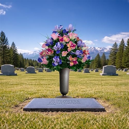 Sympathy Silks Artificial Cemetery Flowers - Grave Decoration - Cream Pink Tulips and Purple Iris (1) Bouquet (1) Vase - color: Cream Pink, size: (1) Bouquet (1) Vase