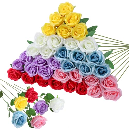 36 Pcs Mixed 6 Color Artificial Roses with Long Stems, Fake Silk Rose Artificial Flowers Bulk for Bridal Wedding Bouquet Centerpiece Ball Arrangement Party Decor - color: Mixed 6 Color