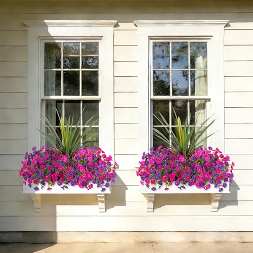 Artificial Flowers for Outdoors Fake Plants Outside, 12 Bundles Silk Morning Glory with Eucalyptus + Orchid Leaf UV Resistant Realistic Faux Flowers for Porch Planter Garden Patio (Purple Fuchsia) - color: Purple Fuchsia