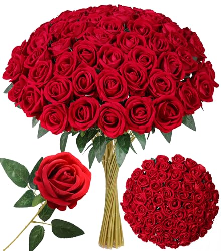 50 PCS Red Roses Artificial Flowers, Real Looking Fake Roses with Long Stems Silk Flowers for DIY Wedding Bouquet Party Celebration Home Bridal Baby Shower Decoration Birthday Gift for Her Wife - color: Red