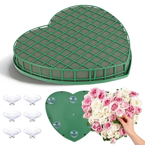 STOBOK Floral Foam Hearts, Heart Shaped Floral Foam Cage with 5 Suction Cups Base for Fresh or Artificial Flowers, Wedding Valentine Centerpieces, DIY Car Decor (Green, 12.2 x 11.4 in) - size: 32X30X3CM