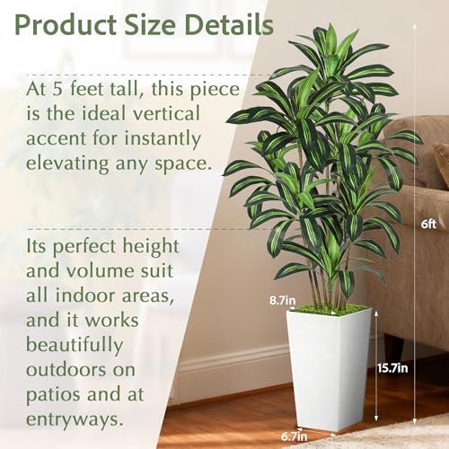 Dracaena Artificial Plant, 6FT Tall Artificial Plants Indoor Dracaena Tree in Pot, Fake Floor Plant for Living Room Decor, Artificial Tropical Plants Outdoor Porch Decor Office (White, 6FT) - color: White, size: 6FT