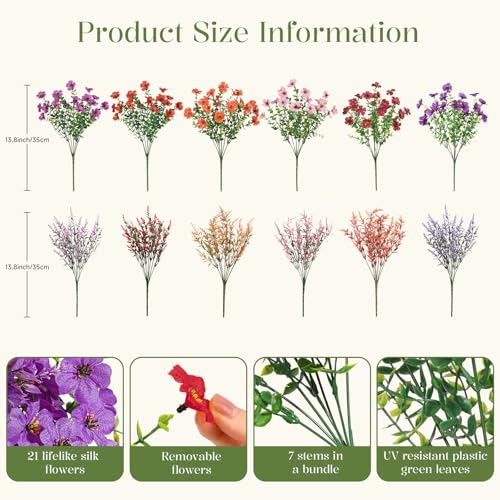SHareconn 24 Bundles Artificial Flowers for Outdoors Decoration, Faux Plants Fake Silk Colorful Daisy Eucalyptus Lavender, UV Resistant for Outside Home Porch Indoor Spring Decor, 6 Colors incl. Brown - color: Redbrownpurpledeeppurpleorangepink