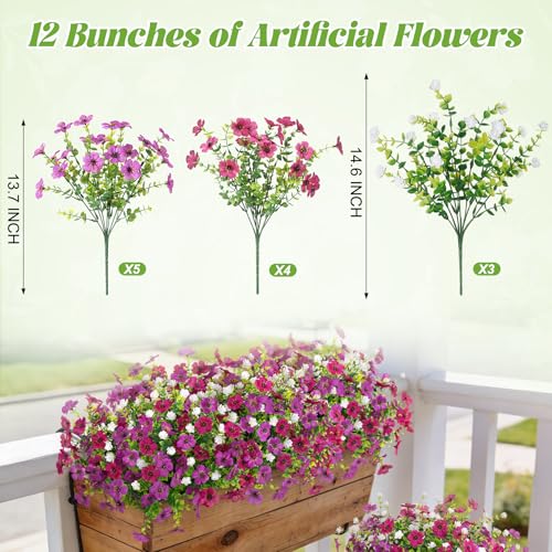 Ammyoo Artificial Flowers for Outdoors Spring Decoration, 12 Bundles Fake Flower Daisy with Realistic Eucalyptus Leaves, Faux Plants for Greenery Boxwood Porch Patio Garden Pot Lawn - color: Purple Purple-red White-boxwood