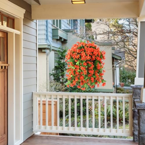 INQCMY Artificial Faux Hanging Plants Flowers in Basket for Outdoor Outside Spring Decor,UV Resistant Fake Silk Violet in Planter Realistic for Home Patio Balcony Garden Yard Decoration(Orange) - color: Orange