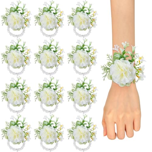 Sherr 12 Pcs White Wrist Corsage with Ribbon Wedding Wrist Flower Artificial Carnation Silk Wristband Decor for Wedding Bridal Bridesmaid Women Flower Tea Party Prom Homecoming Accessories