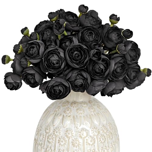 Letjolt Ranunculus Artificial Flower 18 Pcs Black Silk Ranunculus Wedding Bouquet Engagement Centerpieces Arrangements Bridal Shower Decorations Home Decor, Black - color: Black