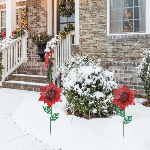 YEAHOME Outdoor Christmas Decorations, Set of 2 Poinsettia Flower Decorative Garden Stakes for Christmas Decor, Metal Red Flowers Xmas Decorations for Outside Garden Yard Lawn Porch - color: Red