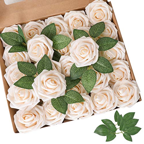 AmyHomie Artificial Flowers Champagne Rose 50pcs Real Looking Fake Roses w/Stem for DIY Wedding Bouquets Centerpieces Arrangements Party Baby Shower Valentines Day Christmas Tree Decorations - color: Champagne