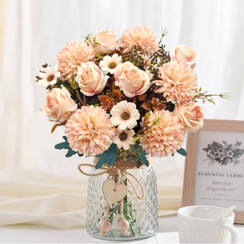 3 Pcs Fall Flowers Artificial Mums Silk Fake Mums Bouquet Faux Floral Arrangements Home Indoor Outdoor Planter Decor Party Wedding Table Autumn Decoration (Champagne) - color: Champagne