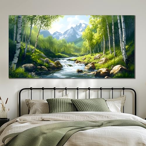 SSNEEKNDG Green Forest Large Wall Art for Living Room Tree Pictures Landscape Mountain Artwork for Bedroom Office Kitchen Canvas Prints 29"x58" - size: 29"L x 58"W