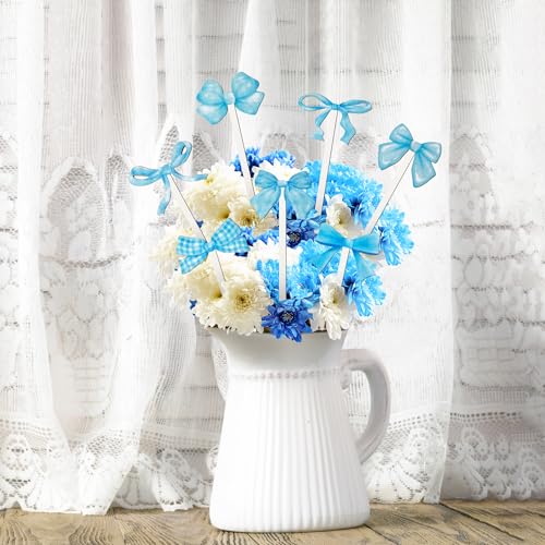 TICIAGA Blue Bow Wooden Pick - 14PCS Blue Bow Tie Double-sided Wooden Decorative Pick for Home Vase Filler Butterfly Knot Floral Wood Decorative Stick for Farmhouse Coquette Theme Decorations for Home - color: Blue Bow