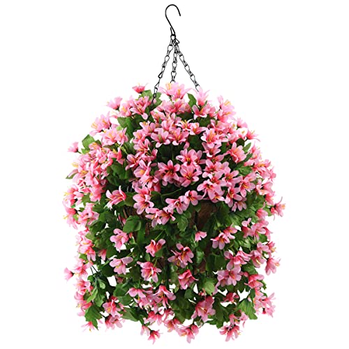INQCMY Artificial Hanging Flowers in Basket for Spring Summer Patio Garden Decoration,UV Resistant Fake Silk Violet in Planter Realistic for Outside Home Porch Balcony Yard Decor(Pink) - color: Pink