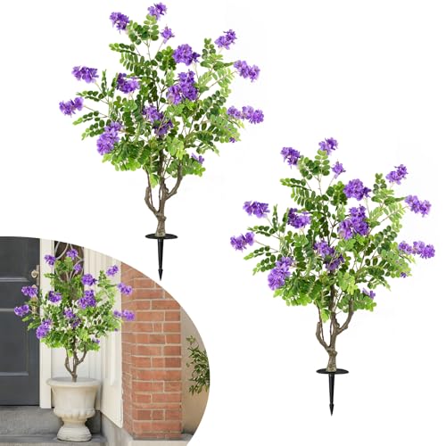 Goplus 2 Pack Artificial Locust Flower Trees, 39” Fake Evergreen Shrubs with Ground Spikes, Sophora Japonica Blossoms, Sun-Proof Indoor & Outdoor Faux Silk Plants for Home Garden Decoration - color: Purple Flowers